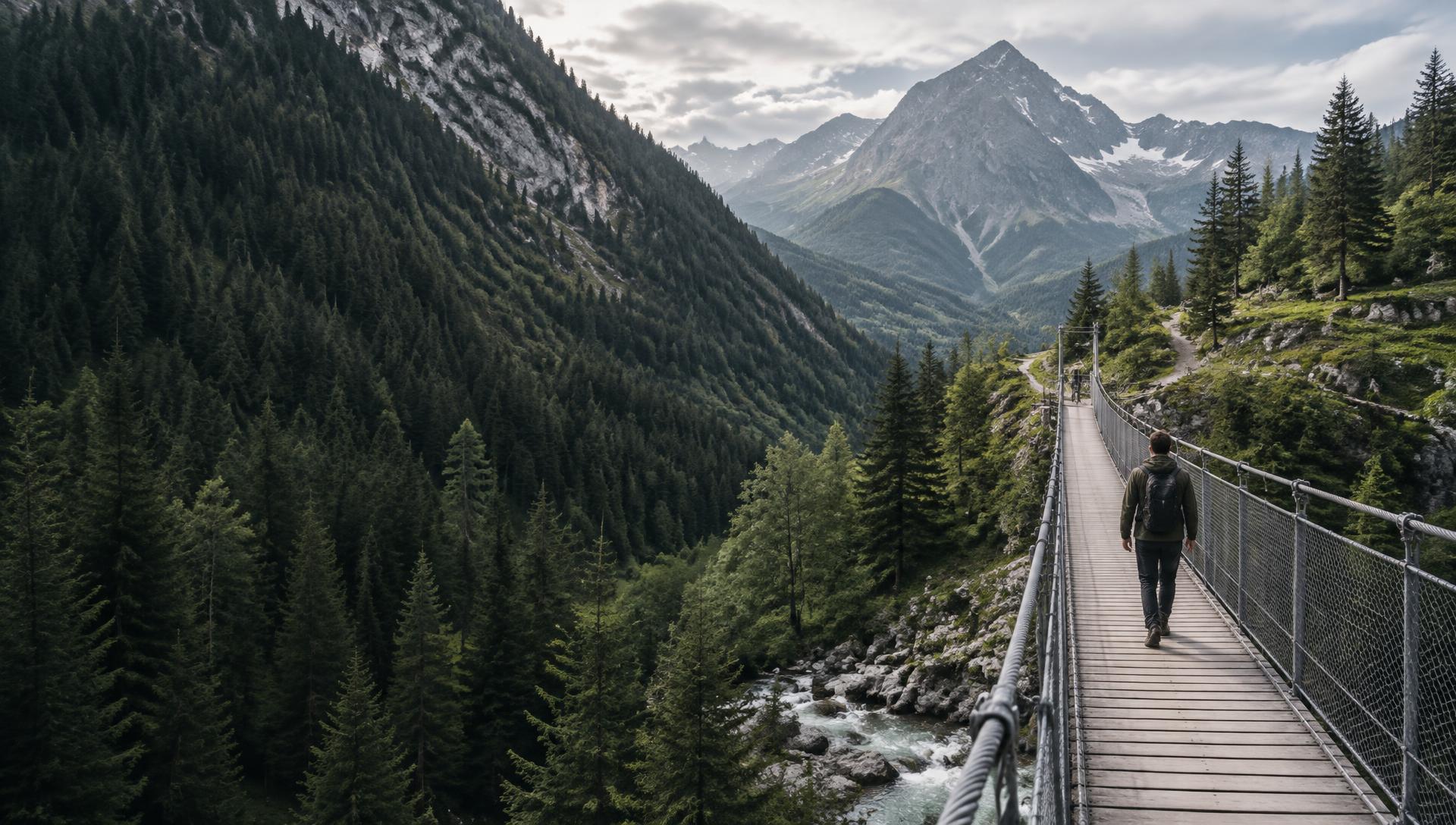 Een man steekt een hangbrug over in een groot berglandschap