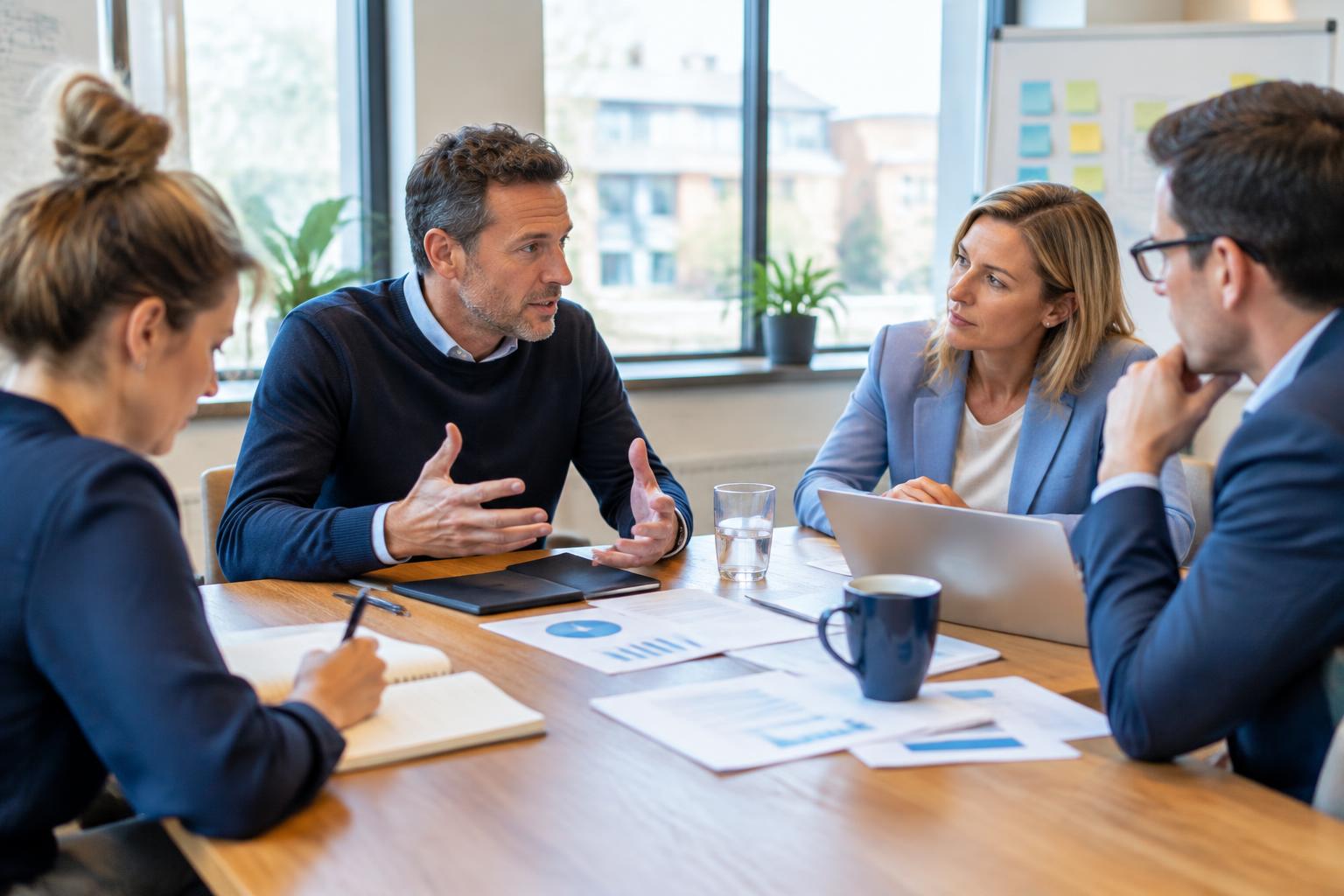 Werksessie rond een tafel met ondernemer, MT-leden en begeleider — tijdelijke illustratiefoto